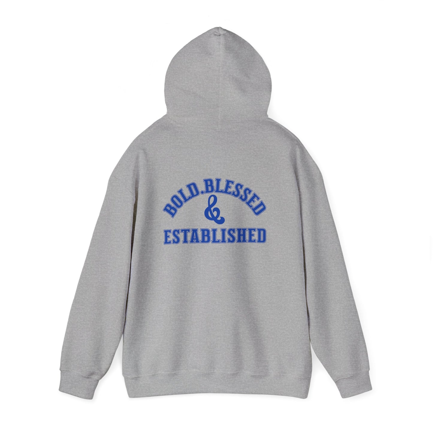 Bold Blessed & Established Christian Hoodie - Blue Varsity Font (Unisex)