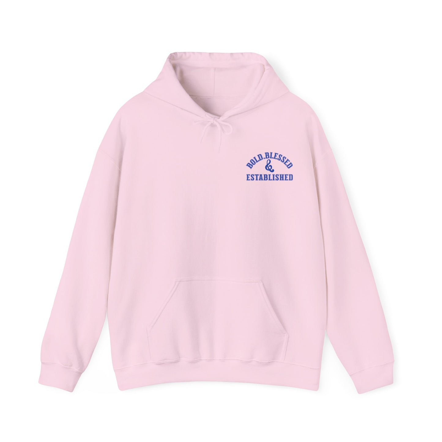 Bold Blessed & Established Christian Hoodie - Blue Varsity Font (Unisex)