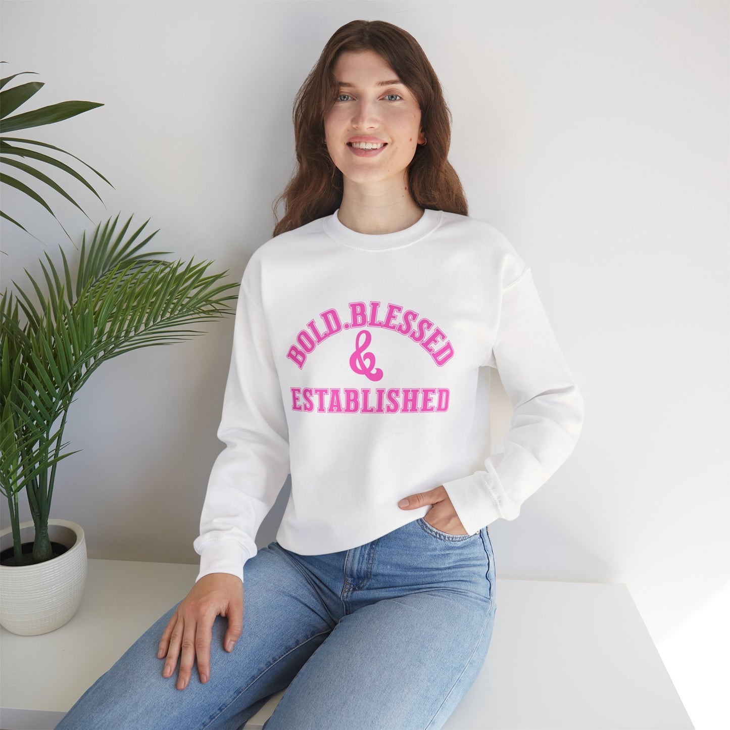 Bold Blessed Established Christian Sweatshirt- Varsity Edition (Pink Text)