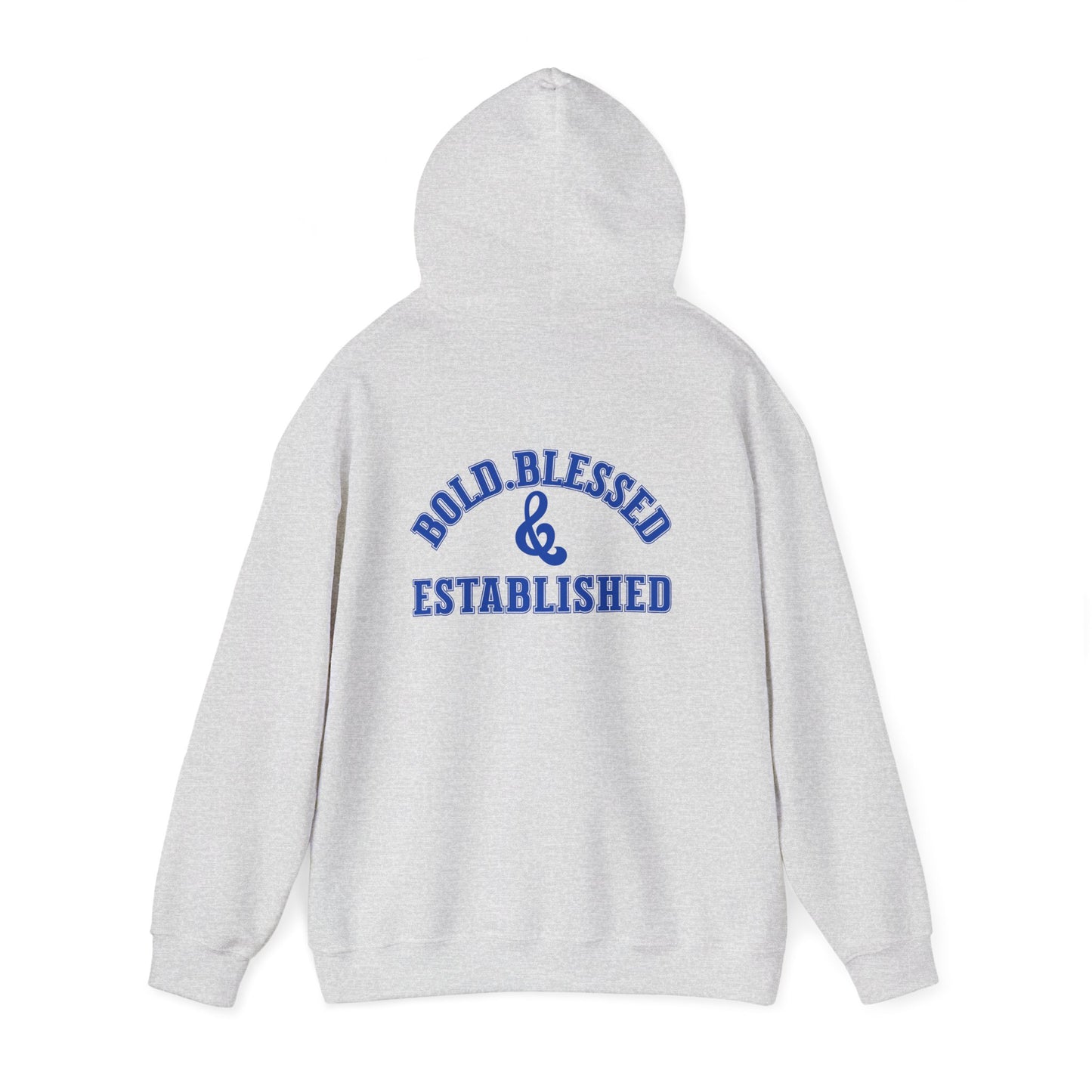 Bold Blessed & Established Christian Hoodie - Blue Varsity Font (Unisex)