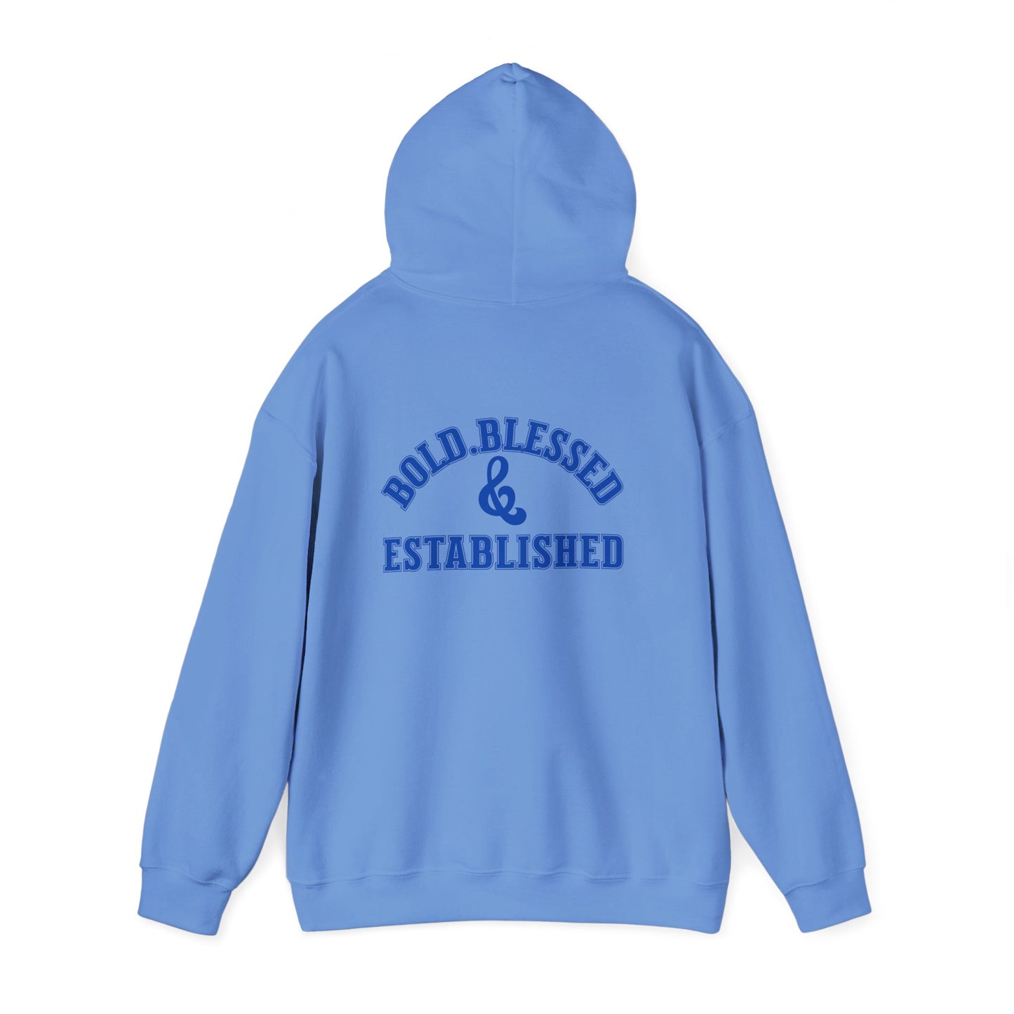 Bold Blessed & Established Christian Hoodie - Blue Varsity Font (Unisex)