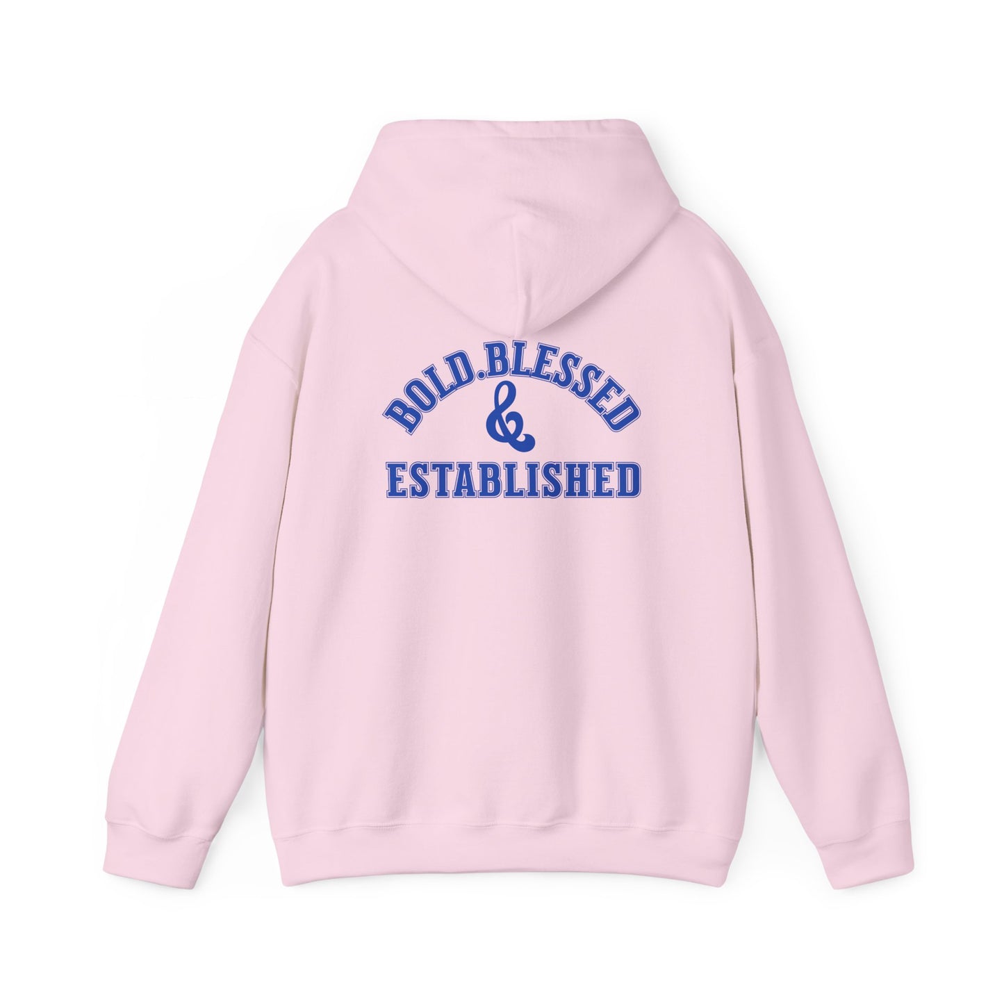 Bold Blessed & Established Christian Hoodie - Blue Varsity Font (Unisex)