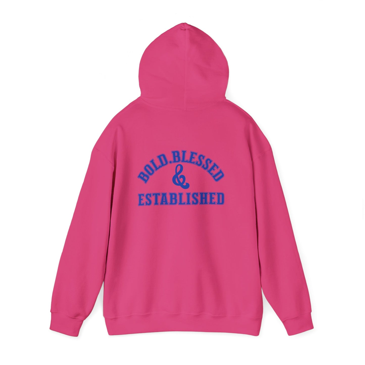Bold Blessed & Established Christian Hoodie - Blue Varsity Font (Unisex)