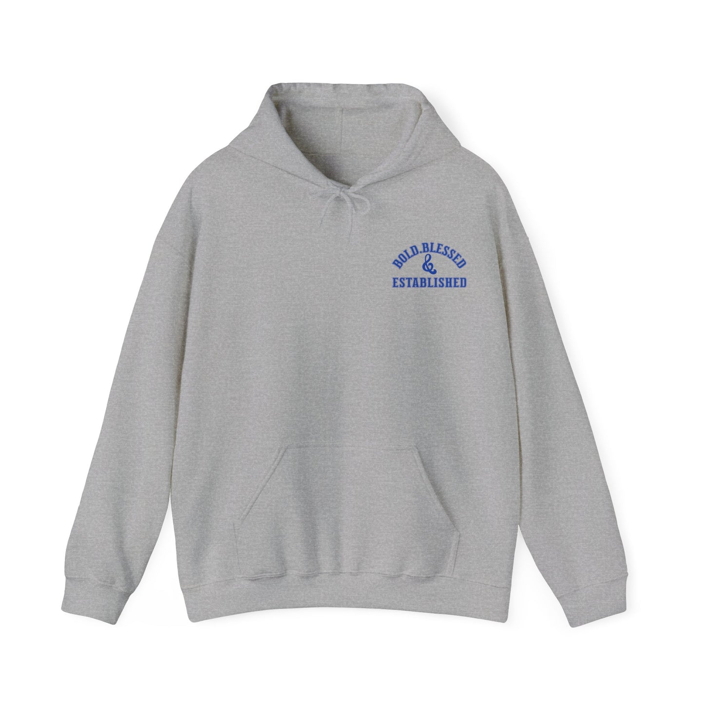 Bold Blessed & Established Christian Hoodie - Blue Varsity Font (Unisex)
