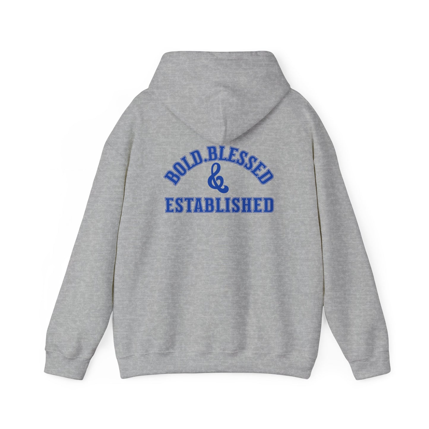 Bold Blessed & Established Christian Hoodie - Blue Varsity Font (Unisex)