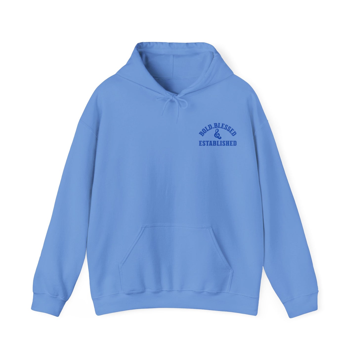 Bold Blessed & Established Christian Hoodie - Blue Varsity Font (Unisex)