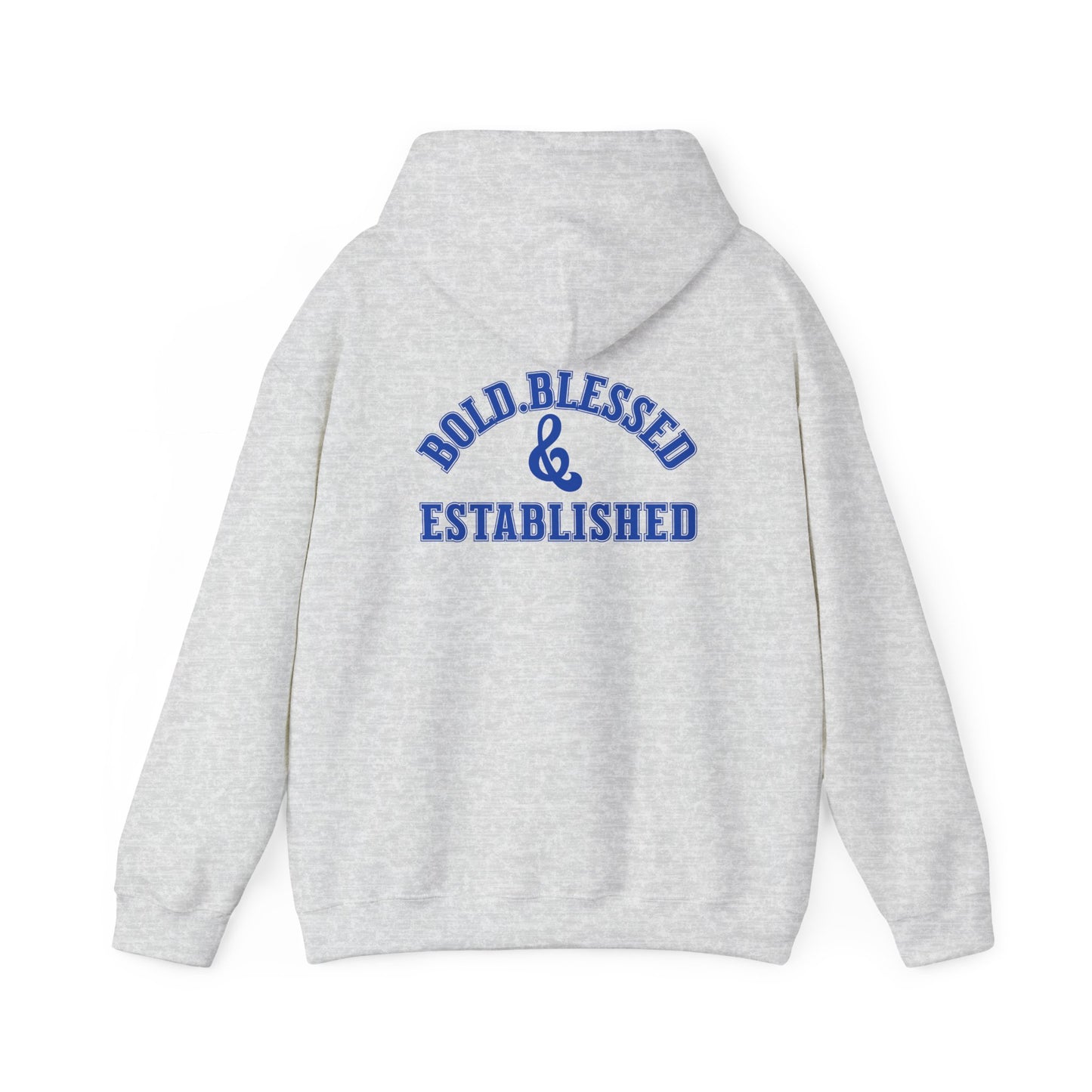 Bold Blessed & Established Christian Hoodie - Blue Varsity Font (Unisex)