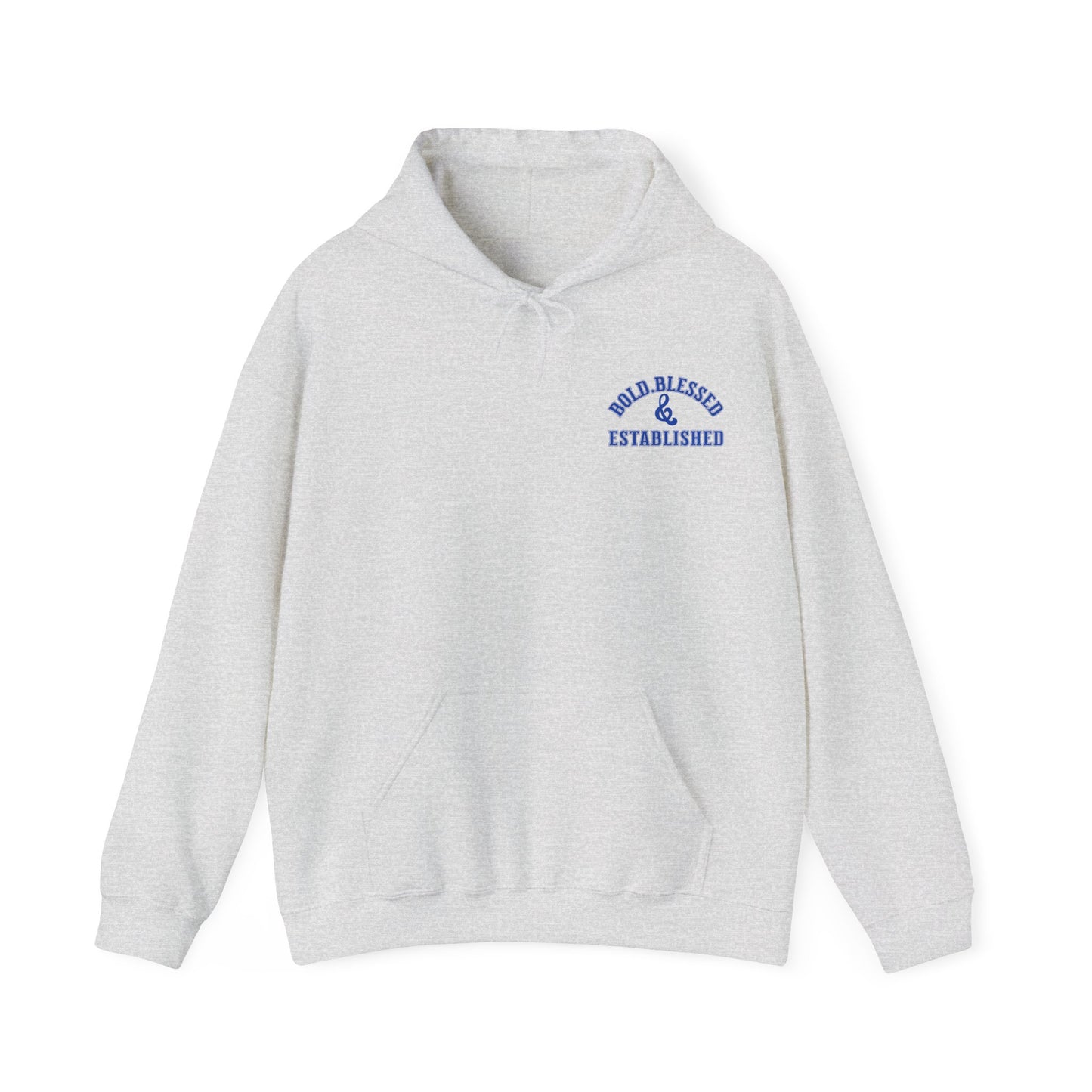 Bold Blessed & Established Christian Hoodie - Blue Varsity Font (Unisex)