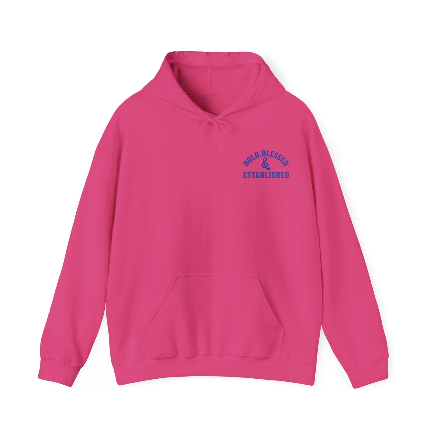 Bold Blessed & Established Christian Hoodie - Blue Varsity Font (Unisex)