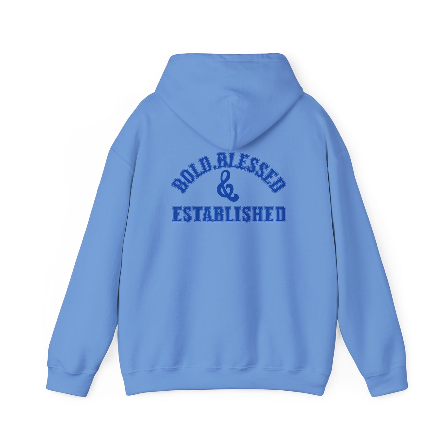 Bold Blessed & Established Christian Hoodie - Blue Varsity Font (Unisex)