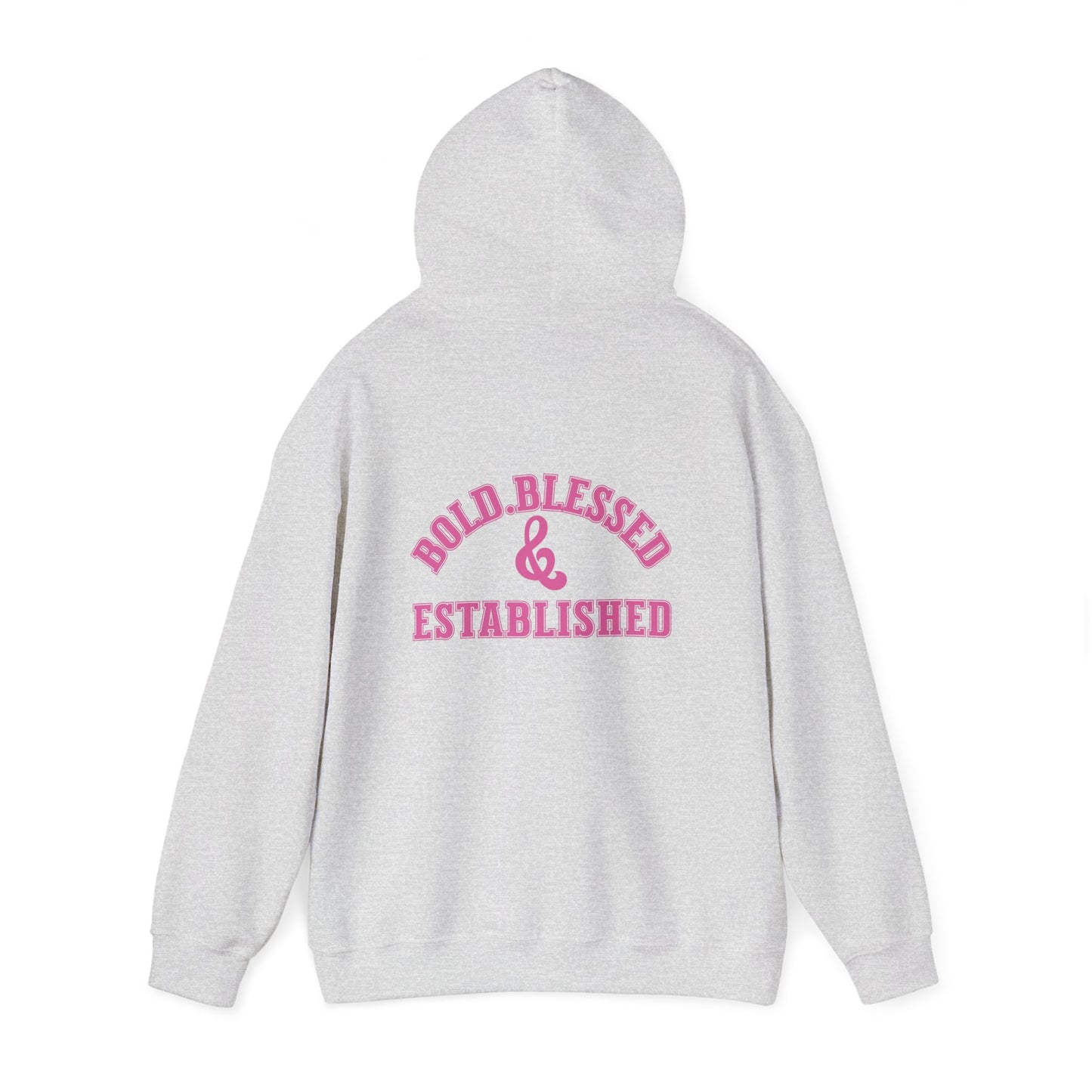 Bold Blessed & Established Christian Hoodie - Pink Varsity Font (Unisex)