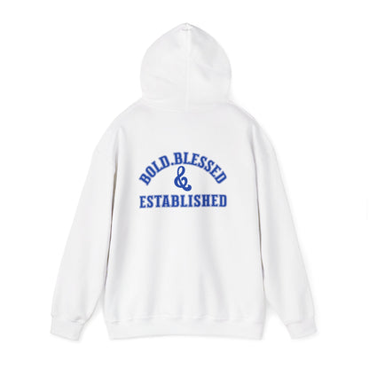 Bold Blessed & Established Christian Hoodie -  Blue Varsity Font (Unisex)