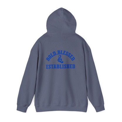 Bold Blessed & Established Christian Hoodie -  Blue Varsity Font (Unisex)