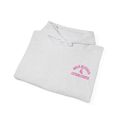 Bold Blessed & Established Christian Hoodie - Pink Varsity Font (Unisex)