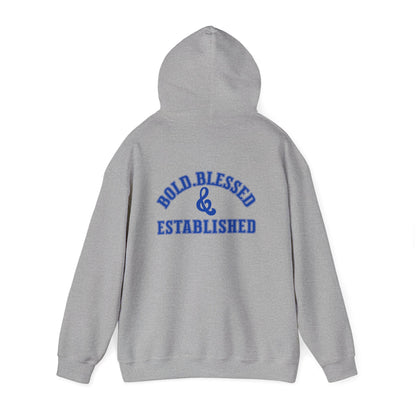 Bold Blessed & Established Christian Hoodie -  Blue Varsity Font (Unisex)