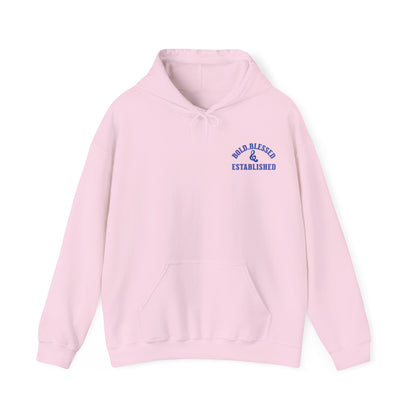 Bold Blessed & Established Christian Hoodie -  Blue Varsity Font (Unisex)