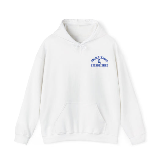 Bold Blessed & Established Christian Hoodie -  Blue Varsity Font (Unisex)