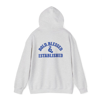 Bold Blessed & Established Christian Hoodie -  Blue Varsity Font (Unisex)