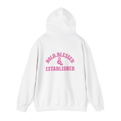 Bold Blessed & Established Christian Hoodie - Pink Varsity Font (Unisex)
