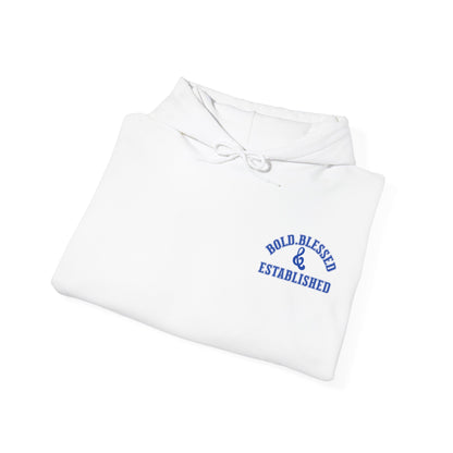 Bold Blessed & Established Christian Hoodie -  Blue Varsity Font (Unisex)
