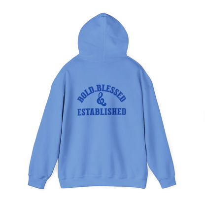 Bold Blessed & Established Christian Hoodie -  Blue Varsity Font (Unisex)