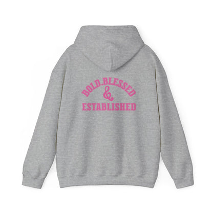 Bold Blessed & Established Christian Hoodie - Pink Varsity Font (Unisex)