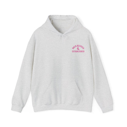 Bold Blessed & Established Christian Hoodie - Pink Varsity Font (Unisex)