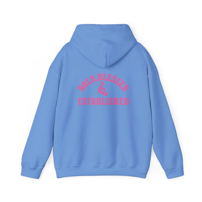 Bold Blessed & Established Christian Hoodie - Pink Varsity Font (Unisex)