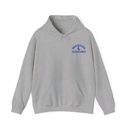 Bold Blessed & Established Christian Hoodie -  Blue Varsity Font (Unisex)