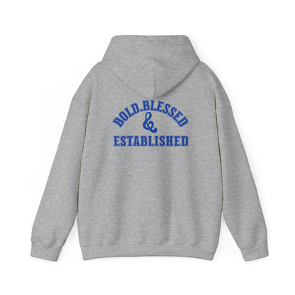 Bold Blessed & Established Christian Hoodie -  Blue Varsity Font (Unisex)