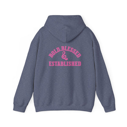 Bold Blessed & Established Christian Hoodie - Pink Varsity Font (Unisex)