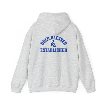 Bold Blessed & Established Christian Hoodie -  Blue Varsity Font (Unisex)