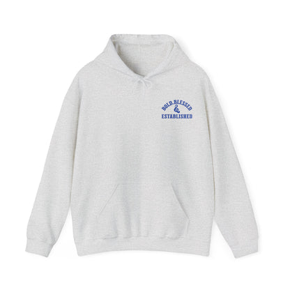 Bold Blessed & Established Christian Hoodie -  Blue Varsity Font (Unisex)