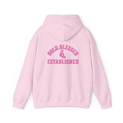 Bold Blessed & Established Christian Hoodie - Pink Varsity Font (Unisex)