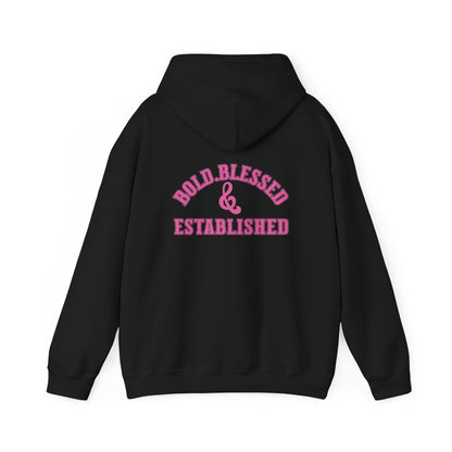 Bold Blessed & Established Christian Hoodie - Pink Varsity Font (Unisex)