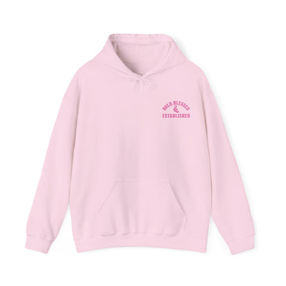 Bold Blessed & Established Christian Hoodie - Pink Varsity Font (Unisex)