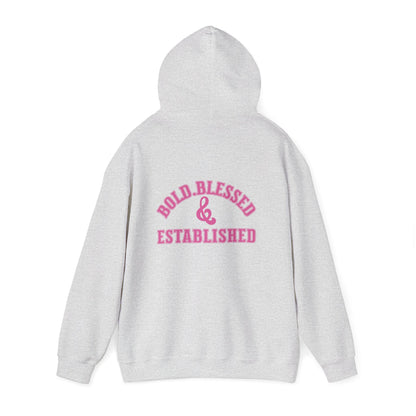 Bold Blessed & Established Christian Hoodie - Pink Varsity Font (Unisex)