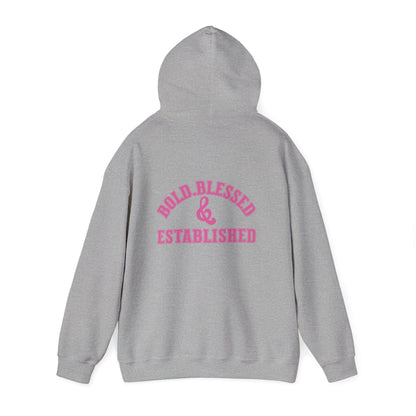 Bold Blessed & Established Christian Hoodie - Pink Varsity Font (Unisex)