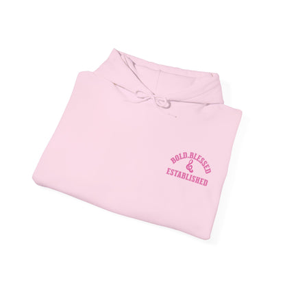 Bold Blessed & Established Christian Hoodie - Pink Varsity Font (Unisex)